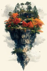 Suspended Island of Autumnal Trees: A Tranquil Floating Rock Formation with Lush Fall Foliage Amidst a Misty Cloudscape and Soaring Birds in the Background