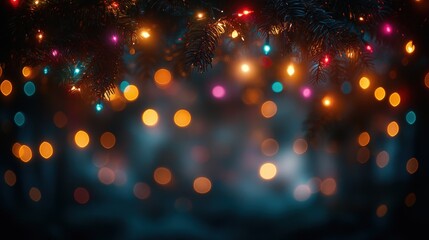 Obraz premium Festive bokeh lights and blurred evergreen branches.