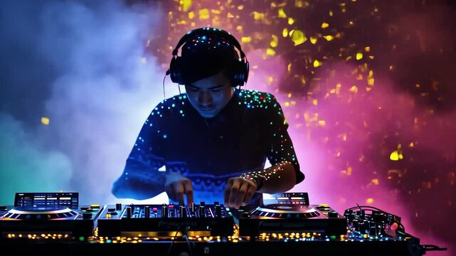 Concentrated male DJ mixing at a turntable surrounded by exuberant pink confetti and party atmosphere