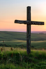 Serene Rural Landscape with Weathered Cross at Sunset, Evoking Peace, Faith, and Spiritual Reflection in Nature