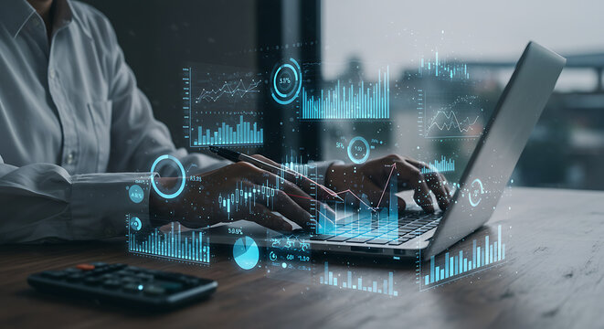 Data Analyst Working on Laptop Financial Charts Business Analytics Digital Marketing Graph