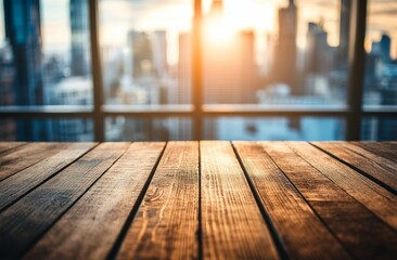 Obraz na płótnie Canvas Wooden table with city sunset view.