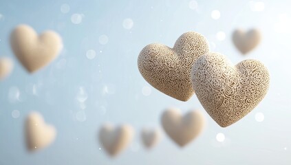Fototapeta premium Floating golden hearts with intricate patterns in a dreamy sky