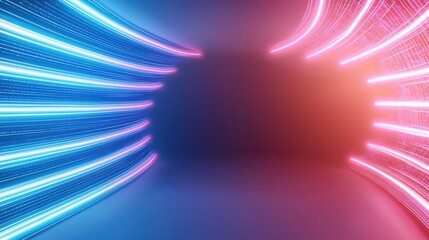 Fototapeta premium Wide angle futuristic background neon light lines in digital art