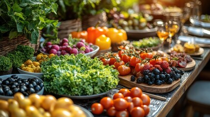 Obraz premium Abundant fresh produce displayed on a rustic table outdoors, showcasing a variety of colorful fruits and vegetables.
