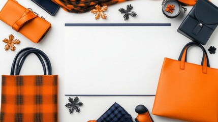 A stylish flat lay featuring orange bags, accessories, and decorative elements, perfect for autumn fashion inspiration.