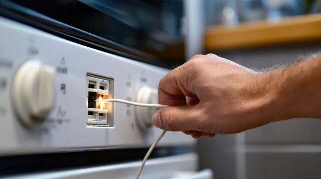 A close-up of a hand unplugging an appliance to conserve power