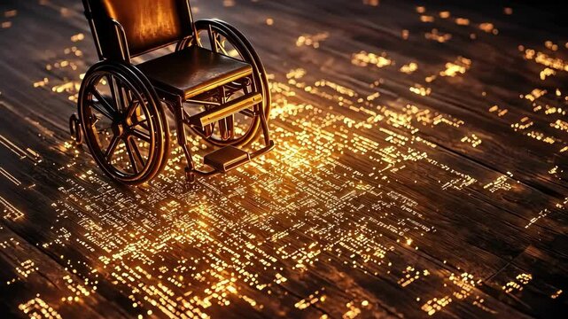 Chaotic braille alphabet pattern with wheelchair on digital surface
