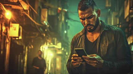 Obraz premium Thief stealthily checking phone in dimly lit alley, reflecting modern urban crime and surveillance challenges. 