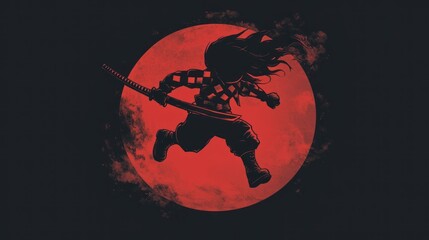Silhouette of a running samurai with katana before a red moon.