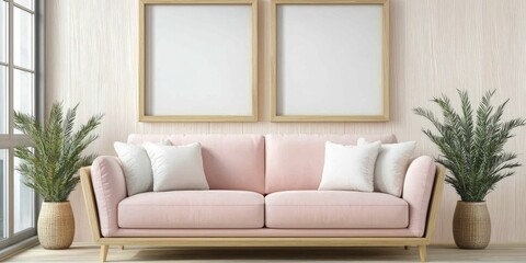 Fototapeta premium Elegant Living Room with Pink Couch and Green Plant by Window