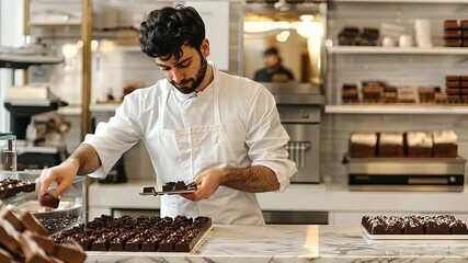 Local Chocolatier Tempering Chocolate on Marble Table in Shop