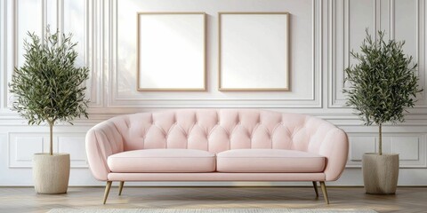 Pink Couch Oasis in White Room with Plant