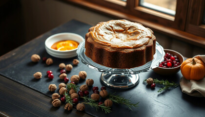 Festive holiday cake adorned with dried oranges, cranberries, and pine sprigs, surrounded by rustic...