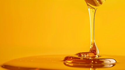 Flowing honey from a honey dipper on a vibrant yellow backdrop