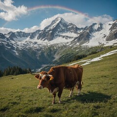 Naklejka premium A rainbow-colored cow grazing in a lush alpine meadow surrounded by snow-capped peaks.