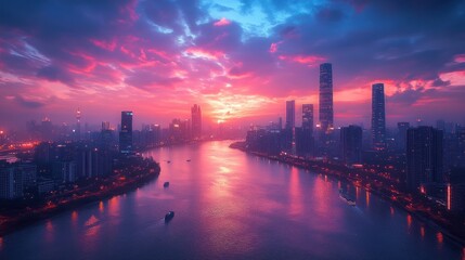 Naklejka premium Pink sunset over city skyline, river reflections.