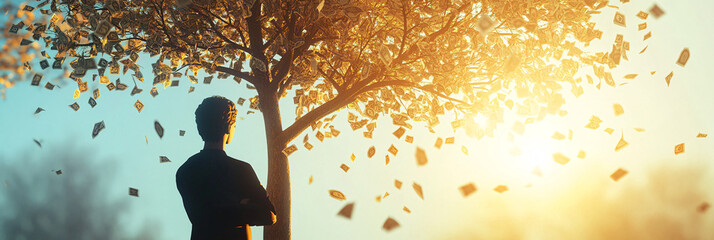 A tree with currency leaves glowing in the sunlight, while a person stands with arms crossed, radiating confidence and readiness to seize opportunities.  