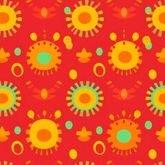 Fototapeta premium Vibrant Red Geometric Pattern: A bold, captivating, and seamless pattern featuring a vibrant red background adorned with colorful geometric shapes.