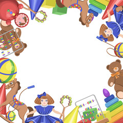 Obraz premium Vector frame of children's toys on a white background doll,bear,rocking horse,cubes,ball,pyramid.Vector background for postcards,notebook covers.