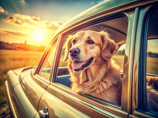 Vintage Dog Car Window Ride: Happy Canine Enjoying Scenic View