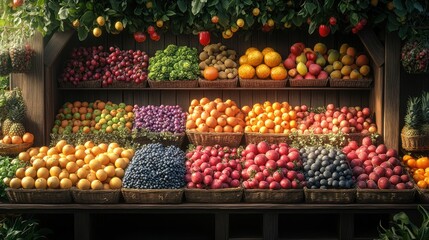 Obraz premium Wooden fruit stand overflowing with colorful, ripe produce.