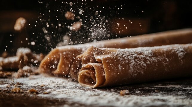 A detailed close-up of rolled pastry dough covered in a light dusting of flour. The image emphasizes the texture and craftsmanship involved in pastry making, ideal for illustrating baking, culinary