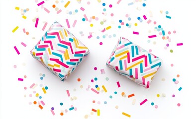 Two small gifts wrapped in colorful chevron patterned paper, surrounded by confetti on a white background.