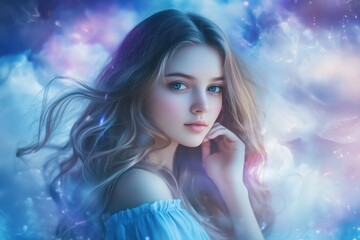 Naklejka premium Portrait of a woman in soft blue dress against a cosmic backdrop