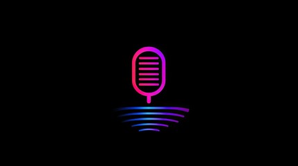 Neon microphone icon with sound waves on black background.