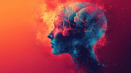 Obraz premium Conceptual Digital Artwork Depicting a Human Head with Brain Activity in Abstract Style Using Vibrant Colors and Cosmic Elements on Fiery Background