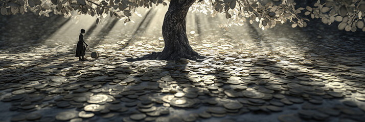 A tree with lush coin leaves, casting playful shadows on the ground, while a figure below collects fallen coins, symbolizing the rewards of hard work.  