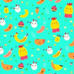 Naklejka premium Cute Bunny Carrot Banana Seamless Pattern: A cheerful and playful seamless pattern featuring adorable bunnies, carrots, and bananas, perfect for children's clothing, stationery, and home decor. 