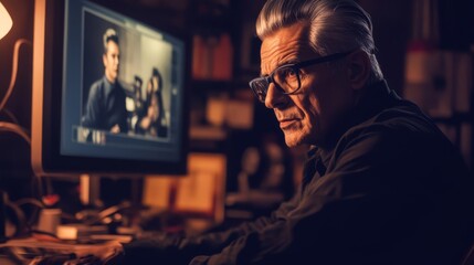 Fototapeta premium Film director intently reviewing footage on a large screen, deep in thought as he analyzes the visual storytelling, capturing the essence of creativity and meticulous attention to detail in filmmaking