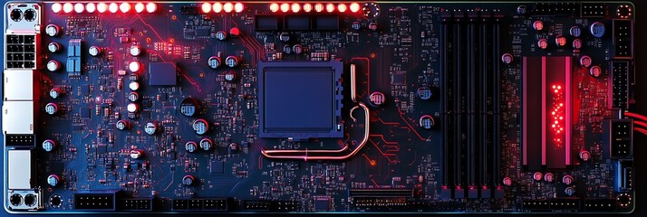 Close-Up of a Motherboard with Integrated Circuits and Wires Illuminated