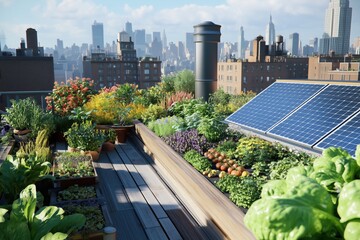 Fototapeta premium Energetic cityscape enhanced by rooftop agriculture and clean solar power
