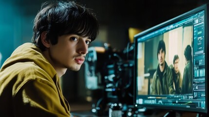 Film director intently reviewing footage on a large screen, deep in thought as he analyzes the visual storytelling, capturing the essence of creativity and meticulous attention to detail in filmmaking