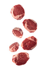 beef tenderloin steak falling, raw meat, cutout.