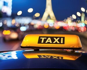 A vibrant yellow taxi sign illuminated against the backdrop of blurred urban lights at night, representing the energy and convenience of city transportation.