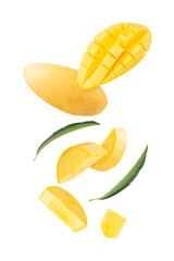 Falling Yellow Mango with leaf, cutout, full depth of field.