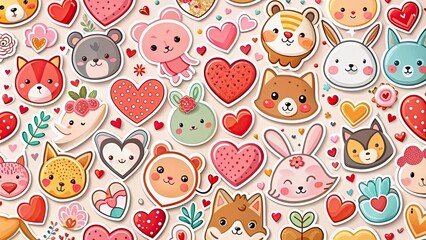 Adorable Animal Faces and Hearts Pattern for Valentine's Day