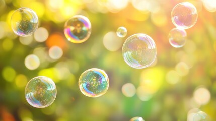 Naklejka premium Colorful soap bubbles floating in the air with a blurred green background.