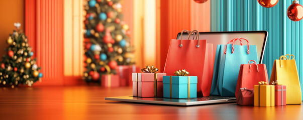 Festive background with 3D shopping bags, Christmas gifts, and an online store interface displayed on a laptop