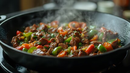 Stir-fried beef with green bell peppers is presented in a cast iron skillet, highlighting juicy sliced beef and colorful vegetables in Chinese cuisine, captured with sizzling steam and moody lighting.
