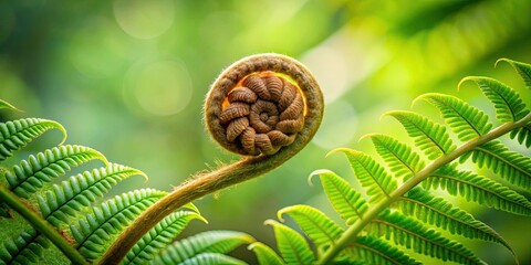 A tightly furled fern frond unfurls, showcasing the intricate detail of its nascent leaves against a vibrant green backdrop