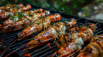 Grilled seafood with herbs in closeup on the barbecue