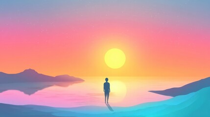 Solitary Figure Contemplating Sunset, Peaceful Coastal Scene