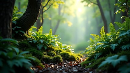 Fototapeta premium Sunlight filters through trees onto a lush forest path, illuminating ferns and wildflowers. Suitable for nature websites, blogs, and environmental graphics