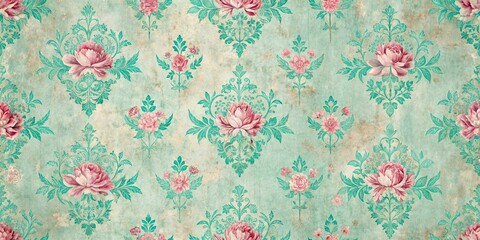 Elegant Vintage Floral Damask Wallpaper Design with Pink Roses and Teal Accents