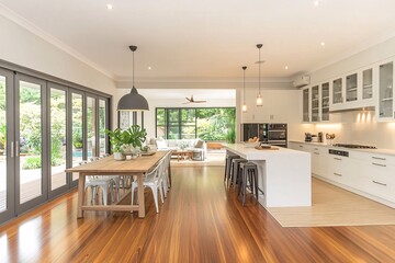 modern living room with kitchen